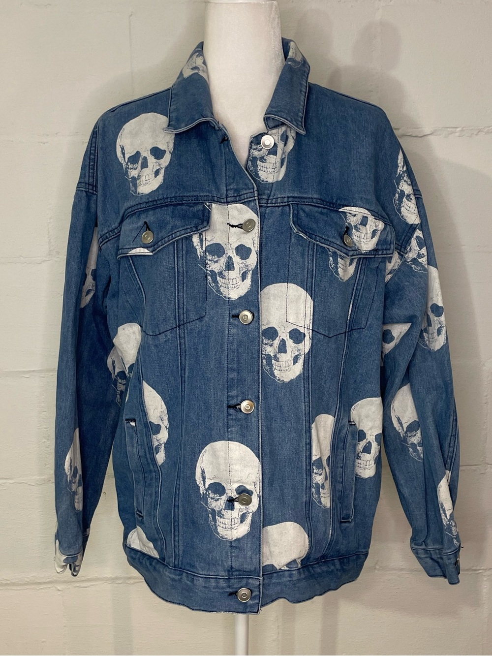 Fantastic Fawn Blue Denim Jacket with White Skull Print